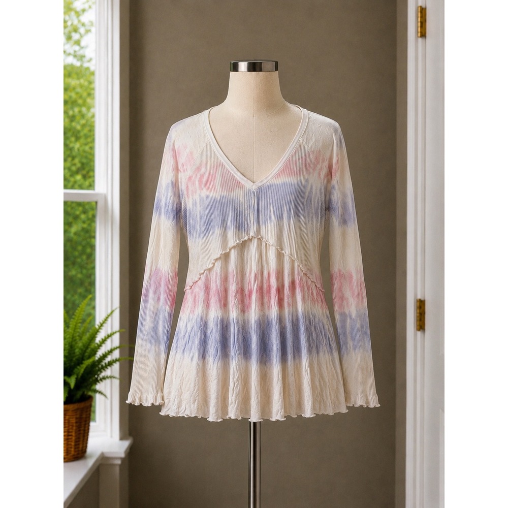 POL Tie Dye Ribbed V-Neck Peplum Long Sleeve Top Pink Purple RCT961A Medium